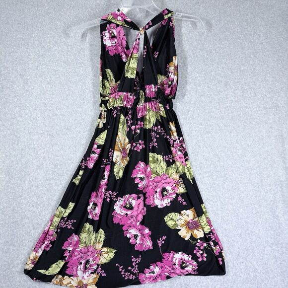Womens Dress Sz Med Twisted Cross Back Halter Knee Length Pink Green Floral - Picture 4 of 8